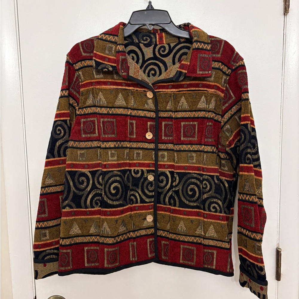 Vintage Tally Ho Reversible Tapestry Jacket Geometric Swirl Art to Wear XL